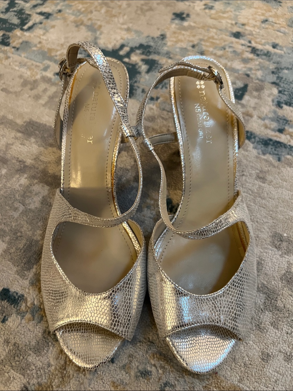 Naturalizer Silver Textured Open-Toe Heeled Sandals